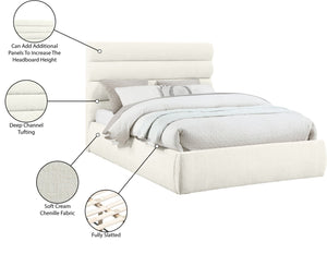 Meridian Furniture Adam Channel Tufted Chenille Queen Bed Frame with Slatted Platform Base Included B1257Cream-Q