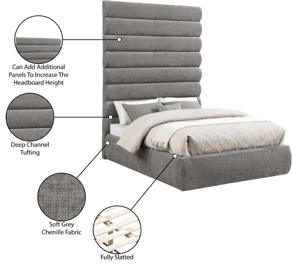 Meridian Furniture Adam Channel Tufted Chenille Full Bed with Tall Adjustable Headboard for Modern Rooms B1257Grey-F90