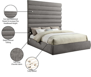 Meridian Furniture Adam Channel Tufted Chenille King Bed with Slatted Platform Base for Modern Bedrooms B1257Grey-K90