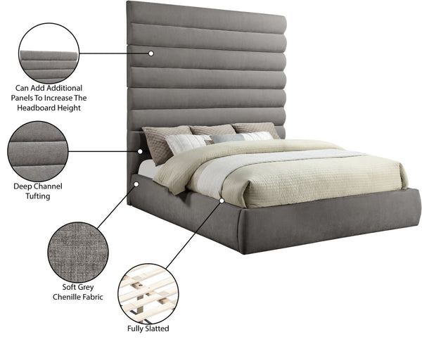 Meridian Furniture Adam Channel Tufted Chenille King Bed with Slatted Platform Base for Modern Bedrooms B1257Grey-K90