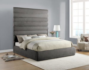 Meridian Furniture Adam Channel Tufted Chenille King Bed with Slatted Platform Base for Modern Bedrooms B1257Grey-K90