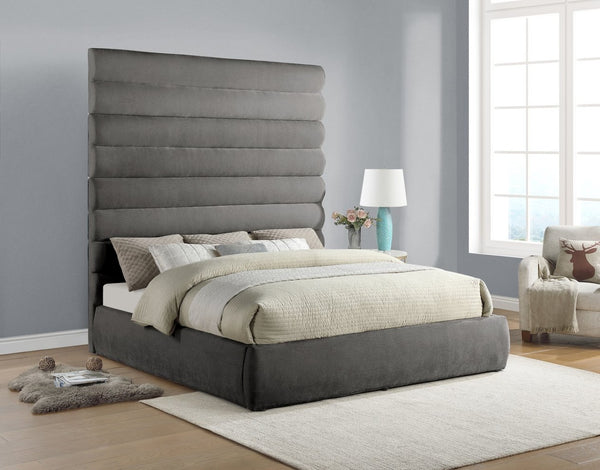 Meridian Furniture Adam Channel Tufted Chenille King Bed with Slatted Platform Base for Modern Bedrooms B1257Grey-K90