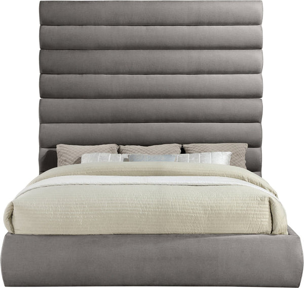 Meridian Furniture Adam Channel Tufted Chenille King Bed with Slatted Platform Base for Modern Bedrooms B1257Grey-K90