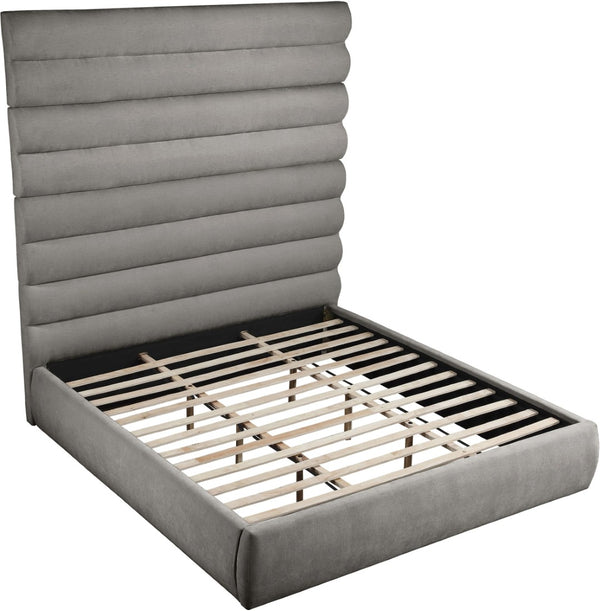 Meridian Furniture Adam Channel Tufted Chenille King Bed with Slatted Platform Base for Modern Bedrooms B1257Grey-K90