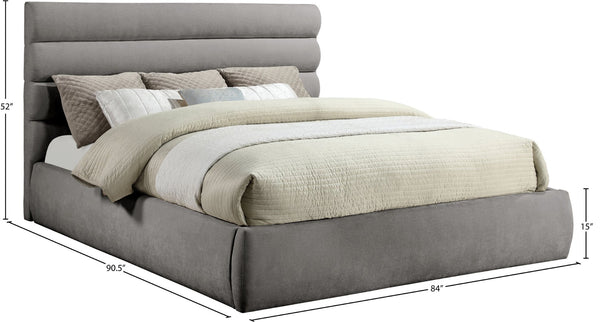 Meridian Furniture Adam Channel Tufted King Bed Soft Chenille Upholstered Low Profile Platform Frame B1257Grey-K