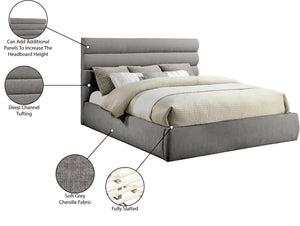 Meridian Furniture Adam Channel Tufted King Bed Soft Chenille Upholstered Low Profile Platform Frame B1257Grey-K