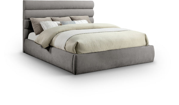 Meridian Furniture Adam Channel Tufted King Bed Soft Chenille Upholstered Low Profile Platform Frame B1257Grey-K