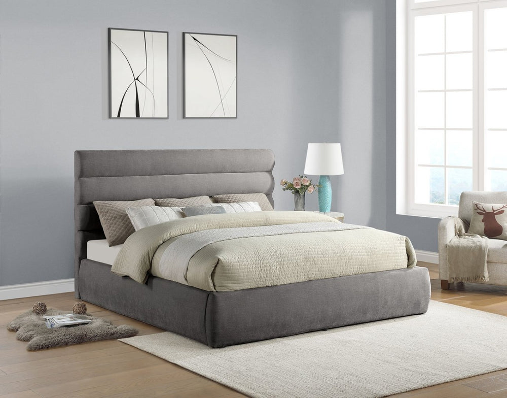 Meridian Furniture Adam Channel Tufted King Bed Soft Chenille Upholstered Low Profile Platform Frame B1257Grey-K