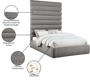 Meridian Furniture Adam Queen Bed with Channel Tufted Headboard in Plush Grey Chenille Upholstery B1257Grey-Q90