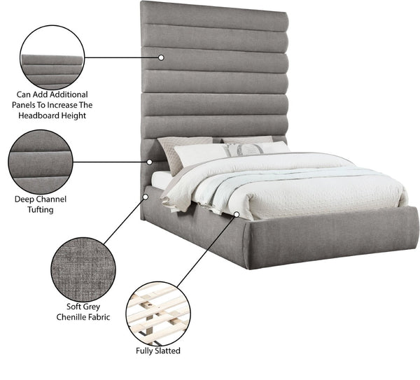 Meridian Furniture Adam Queen Bed with Channel Tufted Headboard in Plush Grey Chenille Upholstery B1257Grey-Q90
