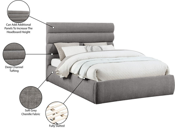 Meridian Furniture Adam Channel Tufted Chenille Queen Bed with Architectural Headboard for Modern Bedrooms B1257Grey-Q
