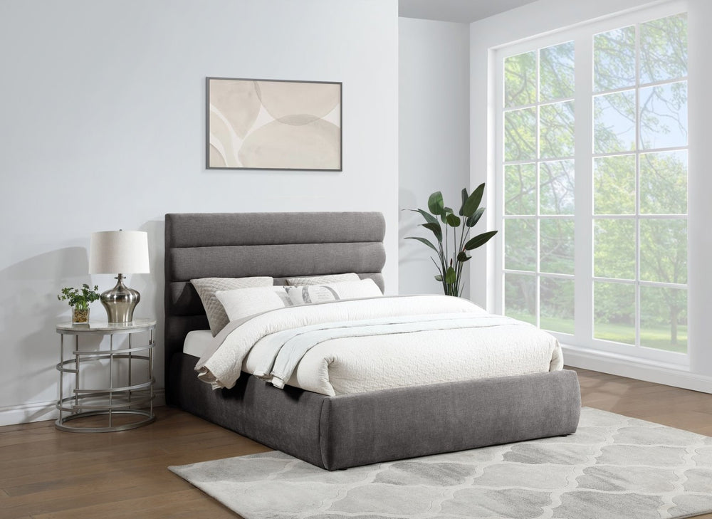 Meridian Furniture Adam Channel Tufted Chenille Queen Bed with Architectural Headboard for Modern Bedrooms B1257Grey-Q