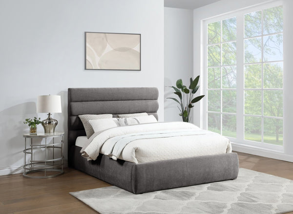 Meridian Furniture Adam Channel Tufted Chenille Queen Bed with Architectural Headboard for Modern Bedrooms B1257Grey-Q