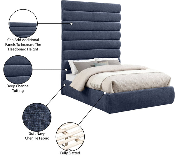 Meridian Furniture Adam Channel Tufted Chenille Upholstered Full Bed with Modular Headboard Design B1257Navy-F90