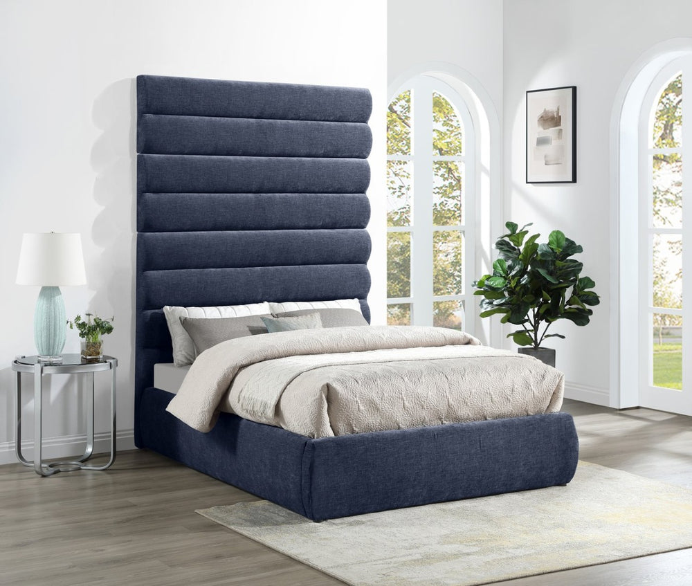 Meridian Furniture Adam Channel Tufted Chenille Upholstered Full Bed with Modular Headboard Design B1257Navy-F90