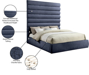 Meridian Furniture Adam King Upholstered Bed with Channel Tufted Chenille Headboard for Modern Bedroom B1257Navy-K90