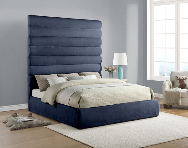Meridian Furniture Adam King Upholstered Bed with Channel Tufted Chenille Headboard for Modern Bedroom B1257Navy-K90