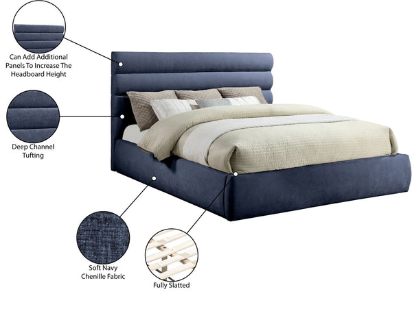 Meridian Furniture Adam Channel Tufted King Bed Navy Chenille Upholstered Headboard Platform Frame B1257Navy-K