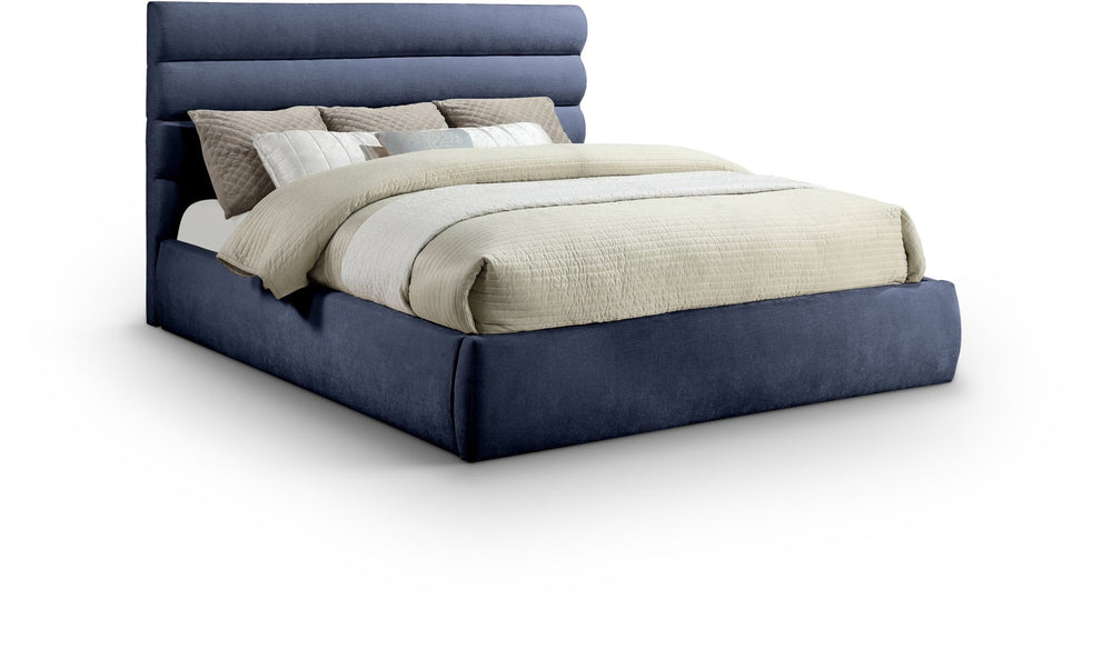 Meridian Furniture Adam Channel Tufted King Bed Navy Chenille Upholstered Headboard Platform Frame B1257Navy-K