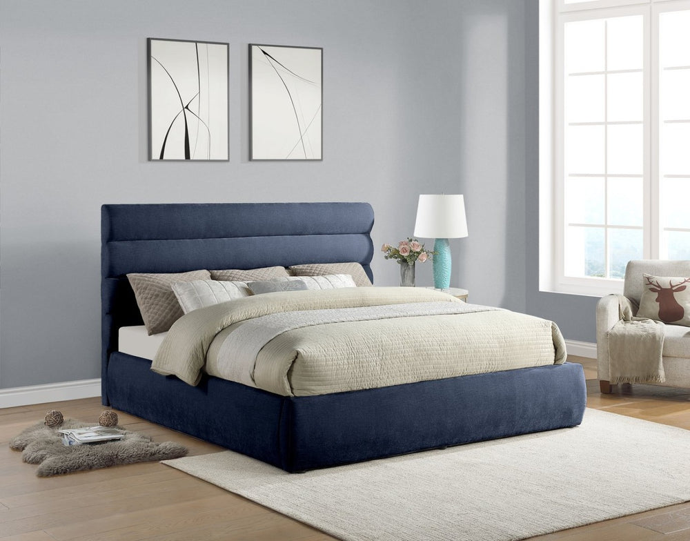 Meridian Furniture Adam Channel Tufted King Bed Navy Chenille Upholstered Headboard Platform Frame B1257Navy-K