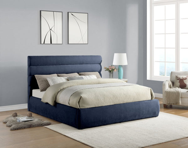 Meridian Furniture Adam Channel Tufted King Bed Navy Chenille Upholstered Headboard Platform Frame B1257Navy-K