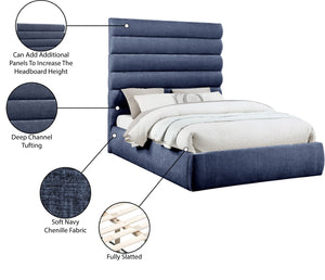 Meridian Furniture Adam Queen Upholstered Bed with Channel Tufted Chenille Headboard for Modern Bedrooms B1257Navy-Q70