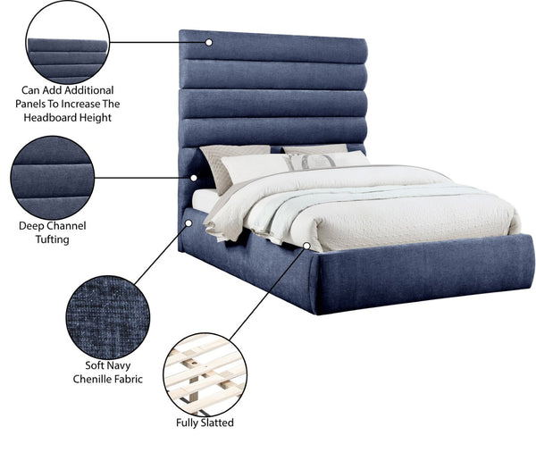 Meridian Furniture Adam Queen Upholstered Bed with Channel Tufted Chenille Headboard for Modern Bedrooms B1257Navy-Q70