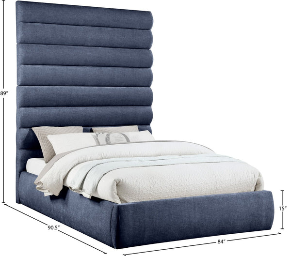 Meridian Furniture Adam Channel Tufted Queen Platform Bed Tall Chenille Headboard Contemporary Bedroom B1257Navy-Q90