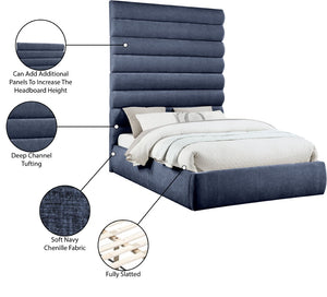 Meridian Furniture Adam Channel Tufted Queen Platform Bed Tall Chenille Headboard Contemporary Bedroom B1257Navy-Q90