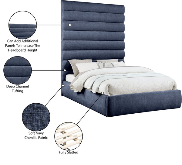 Meridian Furniture Adam Channel Tufted Queen Platform Bed Tall Chenille Headboard Contemporary Bedroom B1257Navy-Q90