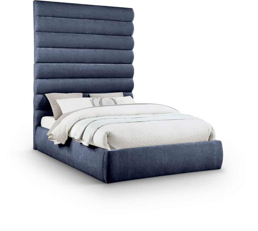 Meridian Furniture Adam Channel Tufted Queen Platform Bed Tall Chenille Headboard Contemporary Bedroom B1257Navy-Q90