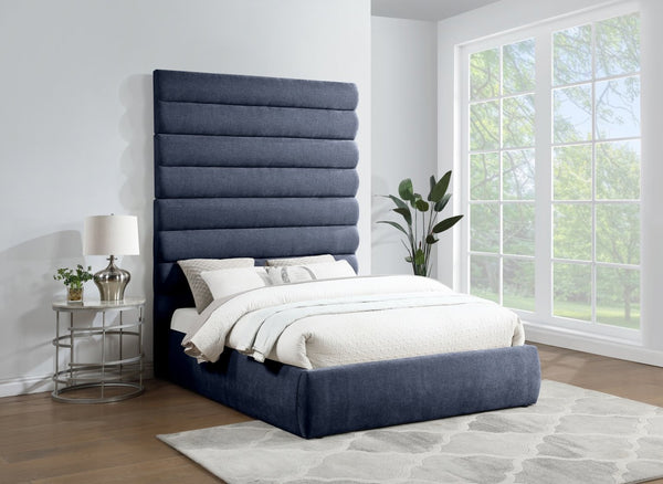 Meridian Furniture Adam Channel Tufted Queen Platform Bed Tall Chenille Headboard Contemporary Bedroom B1257Navy-Q90