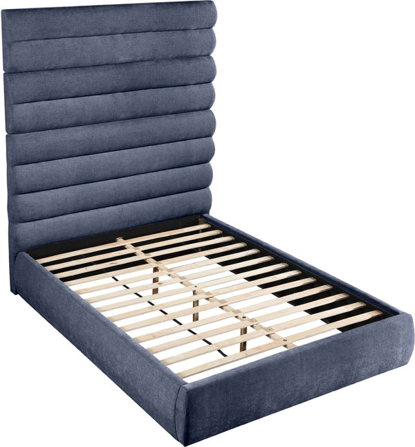 Meridian Furniture Adam Channel Tufted Queen Platform Bed Tall Chenille Headboard Contemporary Bedroom B1257Navy-Q90