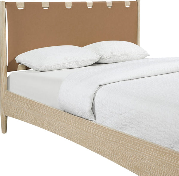 Meridian Furniture Santos Art Deco Full Bed Vegan Leather Curved Headboard Wood Frame Stylish Bedroom Brown - A B1264Brown-F