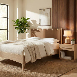 Meridian Furniture Santos Art Deco King Bed Vegan Leather Headboard Wood Platform Frame Bedroom Brown Style A B1264Brown-K