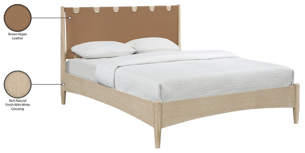 Meridian Furniture Santos Art Deco Queen Platform Bed Vegan Leather Headboard Cerused Wood Frame Bedroom Brown Style A B1264Brown-Q
