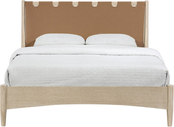 Meridian Furniture Santos Art Deco Queen Platform Bed Vegan Leather Headboard Cerused Wood Frame Bedroom Brown Style A B1264Brown-Q