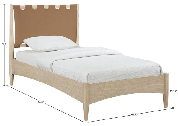 Meridian Furniture Santos Art Deco Twin Bed Vegan Leather Upholstered Headboard Cerused Wood Frame Bedroom Brown - A B1264Brown-T