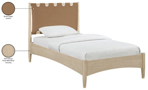 Meridian Furniture Santos Art Deco Twin Bed Vegan Leather Upholstered Headboard Cerused Wood Frame Bedroom Brown - A B1264Brown-T