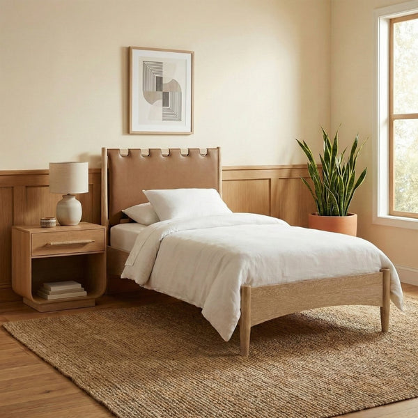 Meridian Furniture Santos Art Deco Twin Bed Vegan Leather Upholstered Headboard Cerused Wood Frame Bedroom Brown - A B1264Brown-T