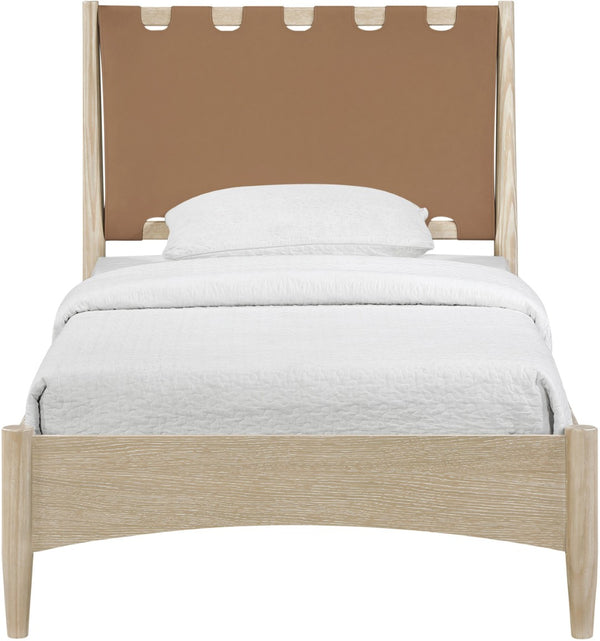Meridian Furniture Santos Art Deco Twin Bed Vegan Leather Upholstered Headboard Cerused Wood Frame Bedroom Brown - A B1264Brown-T