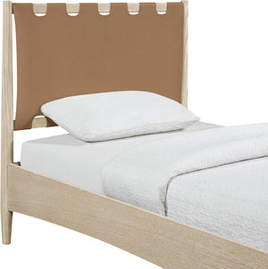 Meridian Furniture Santos Art Deco Twin Bed Vegan Leather Upholstered Headboard Cerused Wood Frame Bedroom Brown - A B1264Brown-T
