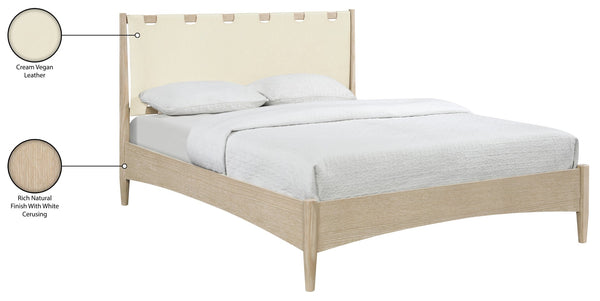 Meridian Furniture Santos Art Deco Full Bed Vegan Leather Curved Headboard Wood Frame Stylish Bedroom Cream B1264Cream-F