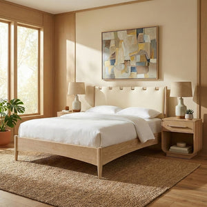 Meridian Furniture Santos Art Deco Full Bed Vegan Leather Curved Headboard Wood Frame Stylish Bedroom Cream B1264Cream-F
