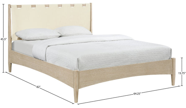 Meridian Furniture Santos Art Deco Queen Platform Bed Vegan Leather Headboard Cerused Wood Frame Bedroom Cream Style A B1264Cream-Q