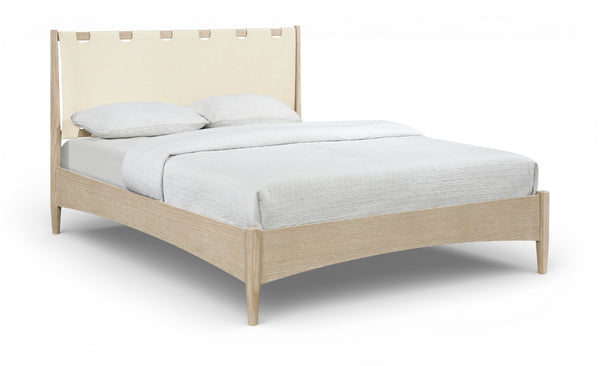Meridian Furniture Santos Art Deco Queen Platform Bed Vegan Leather Headboard Cerused Wood Frame Bedroom Cream Style A B1264Cream-Q