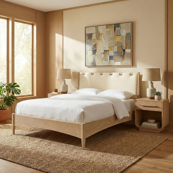 Meridian Furniture Santos Art Deco Queen Platform Bed Vegan Leather Headboard Cerused Wood Frame Bedroom Cream Style A B1264Cream-Q
