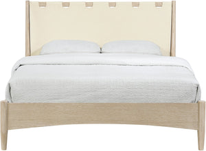 Meridian Furniture Santos Art Deco Queen Platform Bed Vegan Leather Headboard Cerused Wood Frame Bedroom Cream Style A B1264Cream-Q