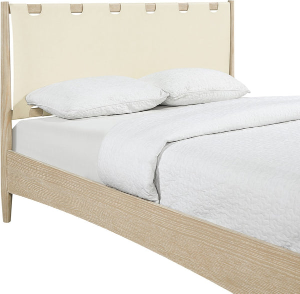 Meridian Furniture Santos Art Deco Queen Platform Bed Vegan Leather Headboard Cerused Wood Frame Bedroom Cream Style A B1264Cream-Q