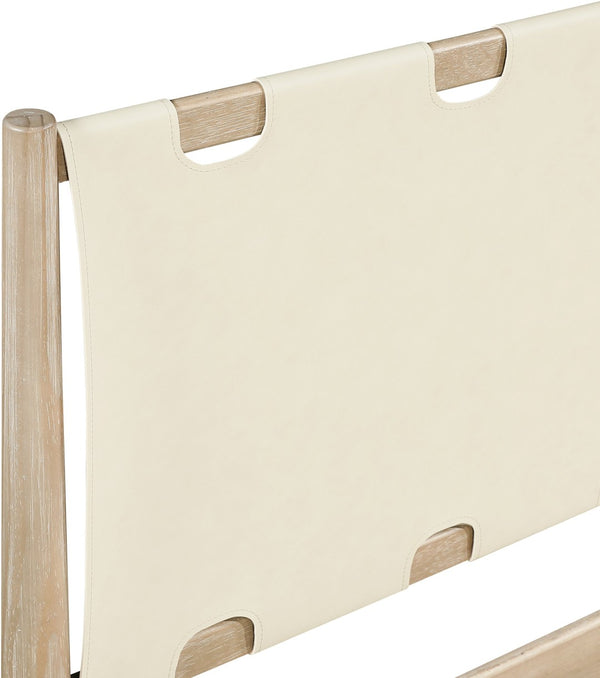 Meridian Furniture Santos Art Deco Queen Platform Bed Vegan Leather Headboard Cerused Wood Frame Bedroom Cream Style A B1264Cream-Q